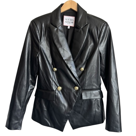ALEXIA ADMOR | NWOT Nora Vegan Leather Blazer Black Jacket Gold Buttons Small 4 - Picture 1 of 9